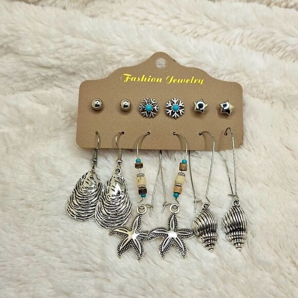 Bohemian beach style earrings starfish oyster conche shells hearts beaded - Picture 3 of 7